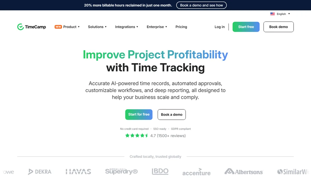 TimeCamp homepage screenshot